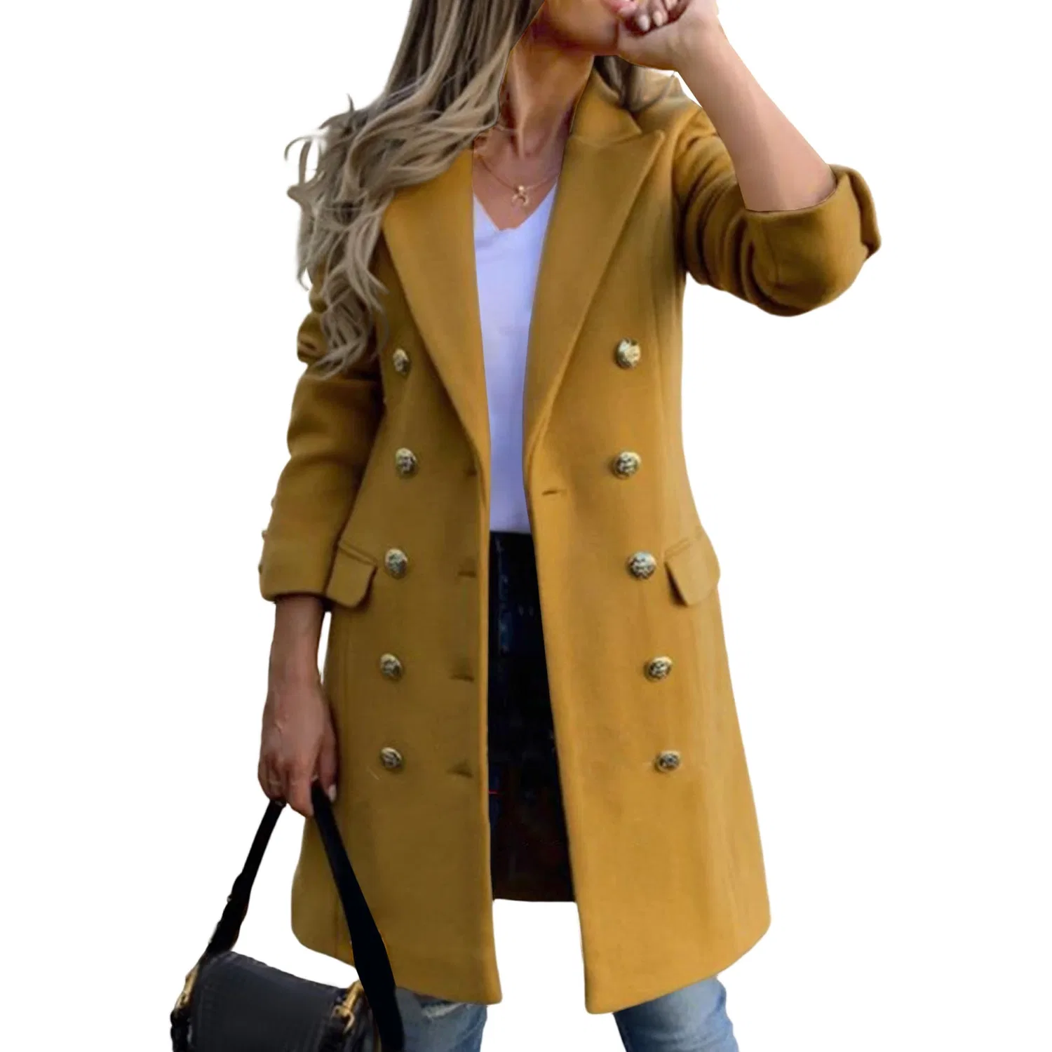 Женское двубортное пальто миди с принтом Autumn Winter Wool Coats, yellow