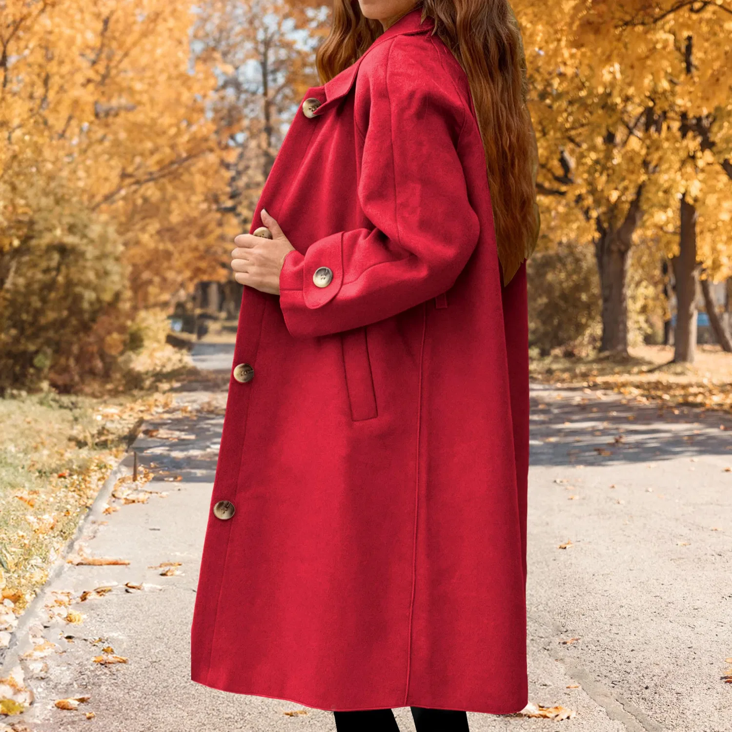 Женское зимнее пальто однобортное с карманами, Red — фото 2