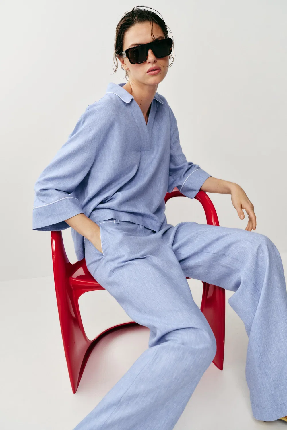 Блузка из смесовой льняной ткани с кантом ZARA, Light Blue — фото 4