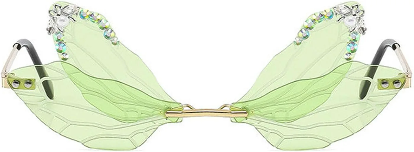 

Солнцезащитные очки COTIA Dragonfly Wing для женщин, без оправы, асимметричной формы, модные, с блестками и бриллиантами, для вечеринки, Хэллоуина, костюма, Green