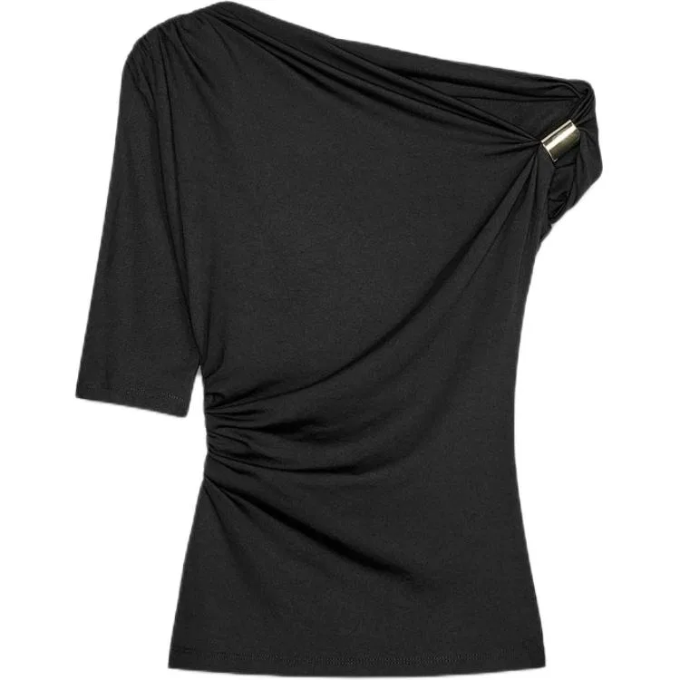 Женская футболка с асимметричным воротником ZARA, Black
