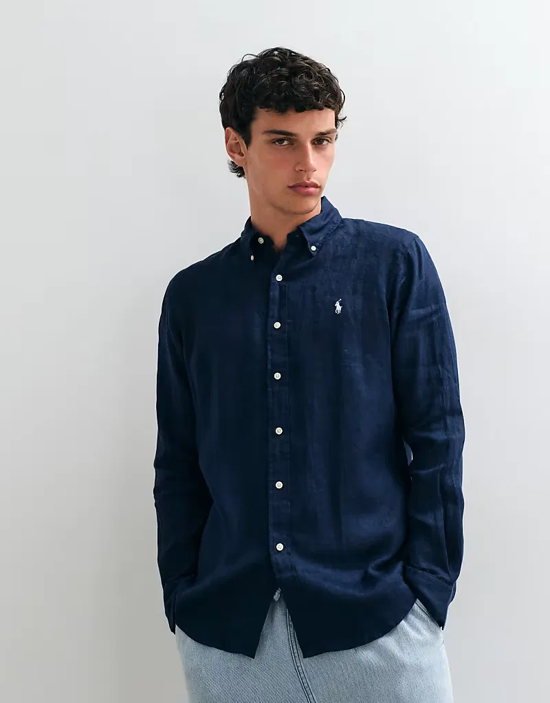 Льняная рубашка Polo Ralph Lauren с длинными рукавами и логотипом Icon, темно-синий