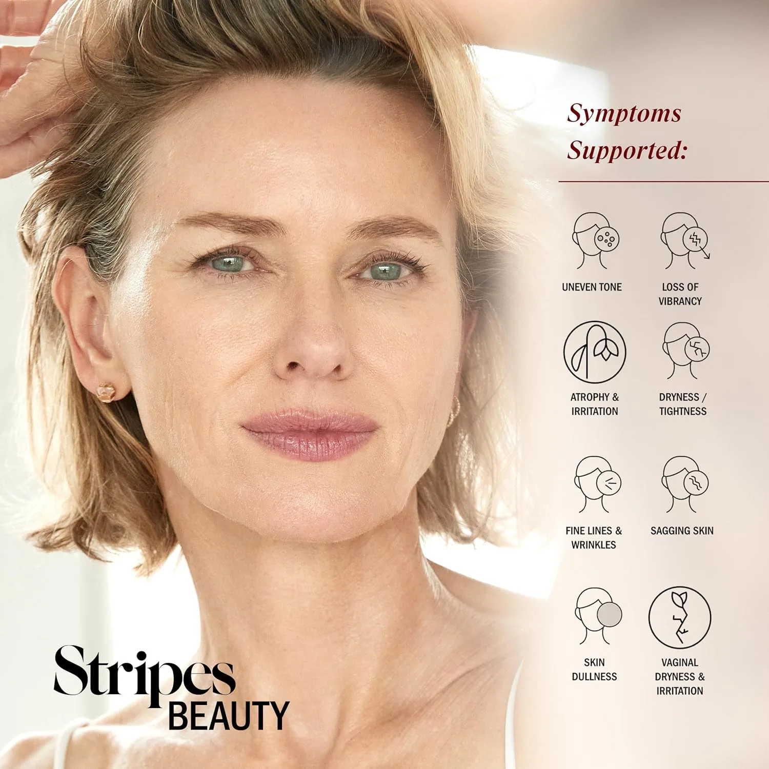 Stripes Beauty Naomi Watts Glow Up The Toe Up Holiday Gift Set: полноразмерный ночной крем с мягким ретиноидом, дорожный размер увлажняющего масла для тела, успокаивающий гель для интимной зоны. — фото 4