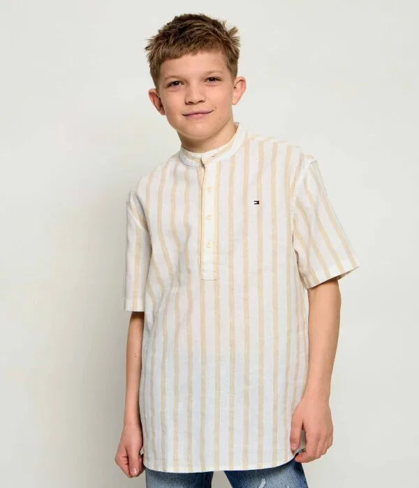Детская рубашка из льна с коротким рукавом Tommy Hilfiger, бежевый