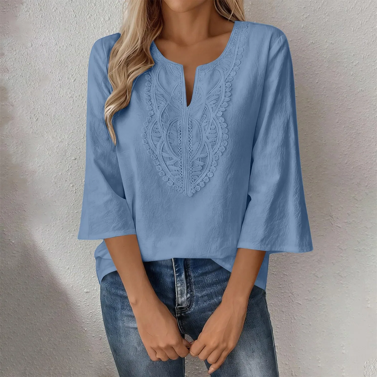Женская льняная туника с вышивкой Retro 3/4 Sleeve Boho Casual Loose Fit Lightweight Summer Beach Blouse, Dark Blue — фото 3