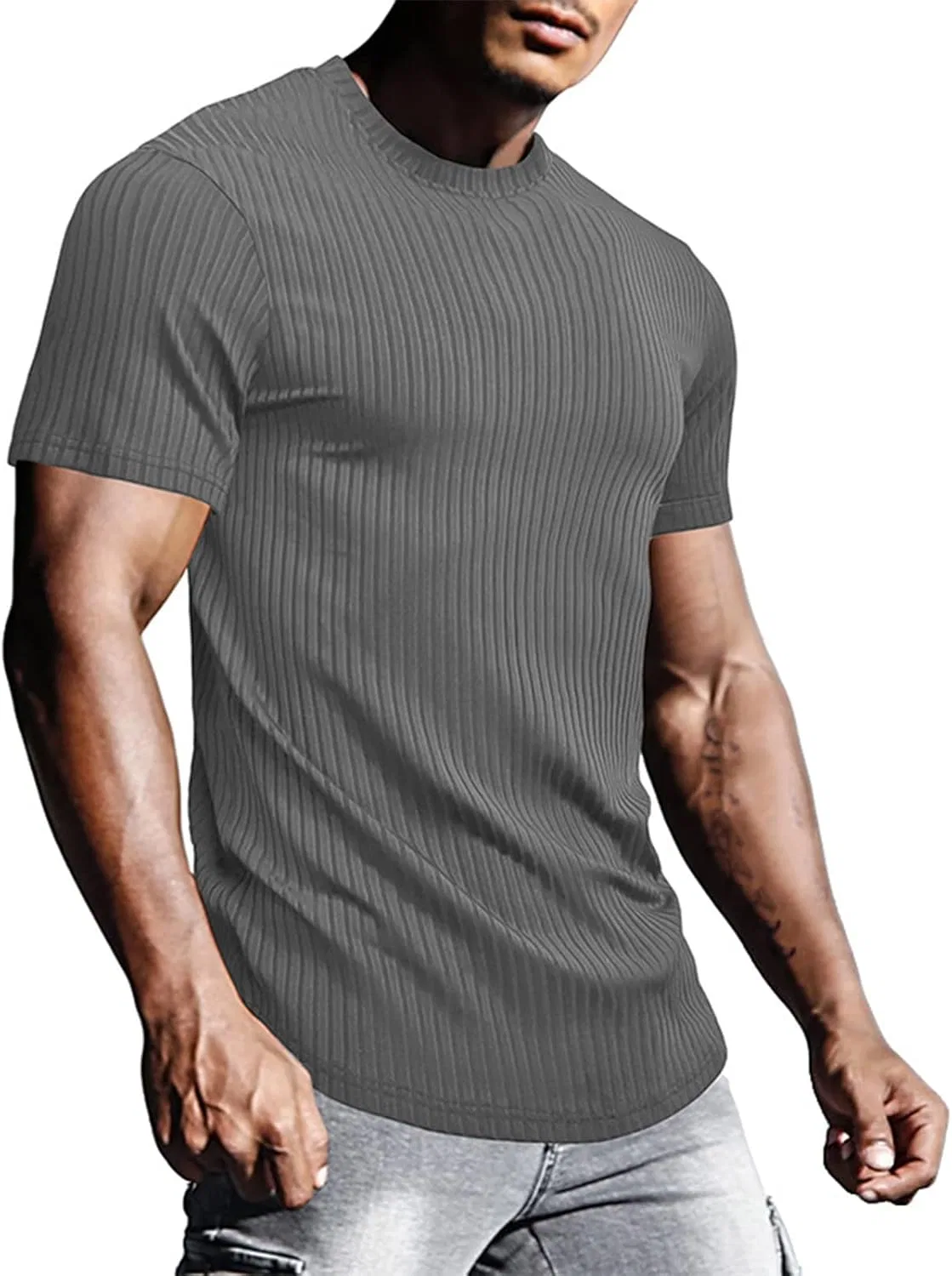 Мужская облегающая футболка с ребристой вязкой, Short Sleeve, Gray — фото 2