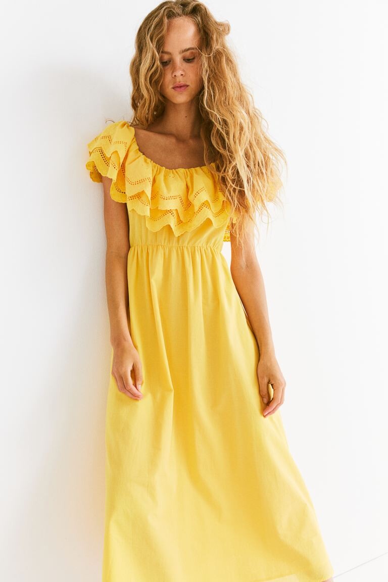 

Хлопковое платье с открытыми плечами H&M, желтый