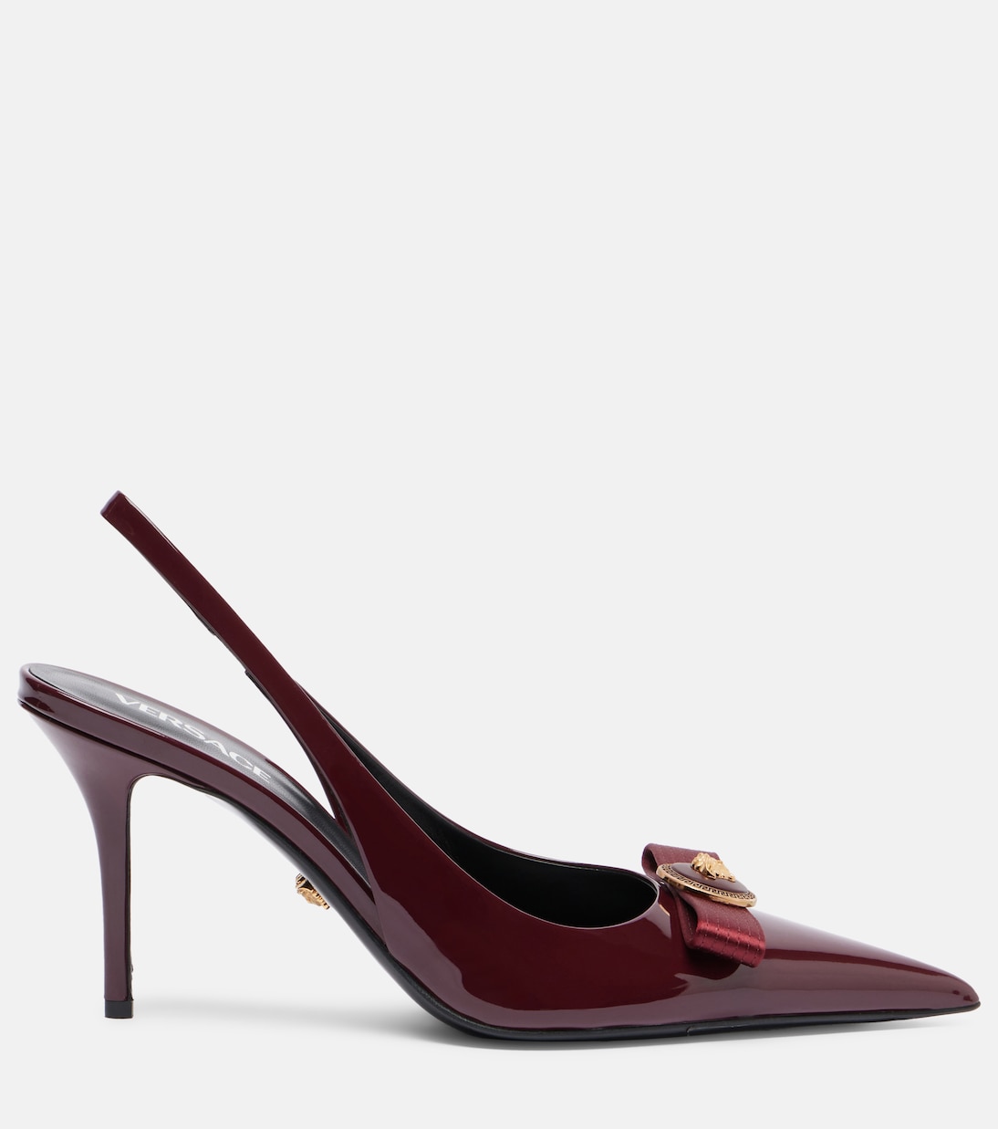 Туфли-лодочки Gianni Ribbon 85 из лакированной кожи с открытой пяткой Versace, Dark Burgundy-Versace Gold — фото 4