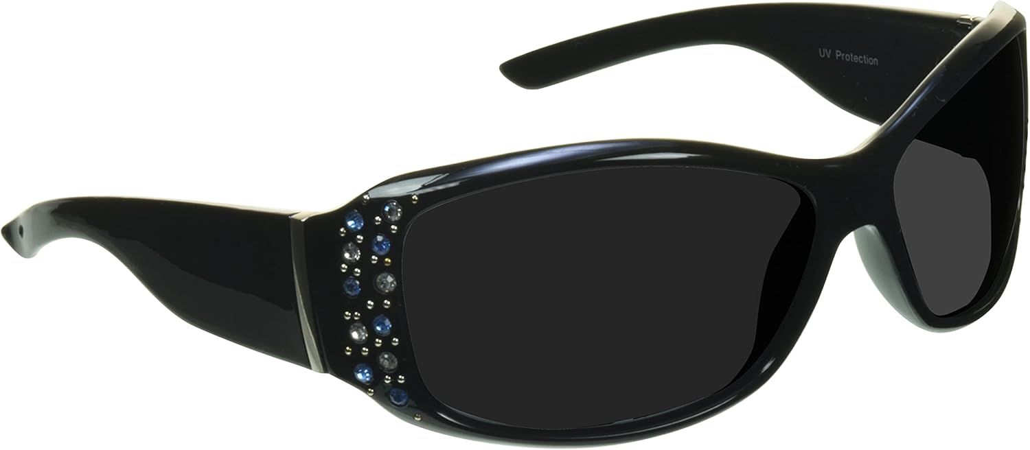 

Женские поляризованные солнцезащитные очки proSPORT – защита от УФ-излучения, антибликовое покрытие, облегающая оправа, изысканная отделка стразами, размер от среднего до большого, Carina - Smoke W/ Black Frame Blue Rhinestones