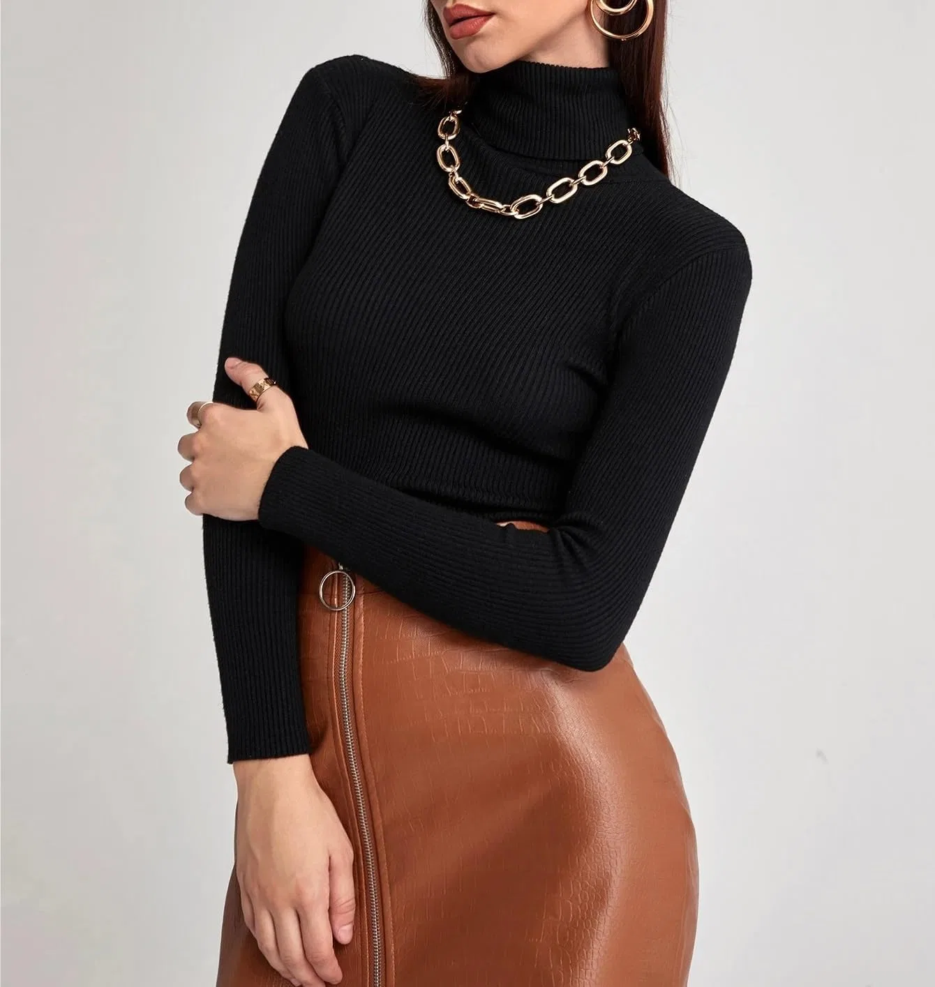 Женский свитер с высоким воротником, с длинным рукавом, Ribbed Knit, Slimming Fit, чёрный — фото 3