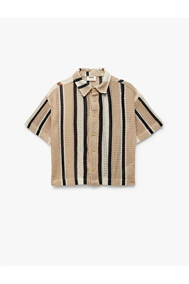 Детская рубашка для мальчиков с коротким рукавом Oversize Koton, Ecru Striped — фото 2