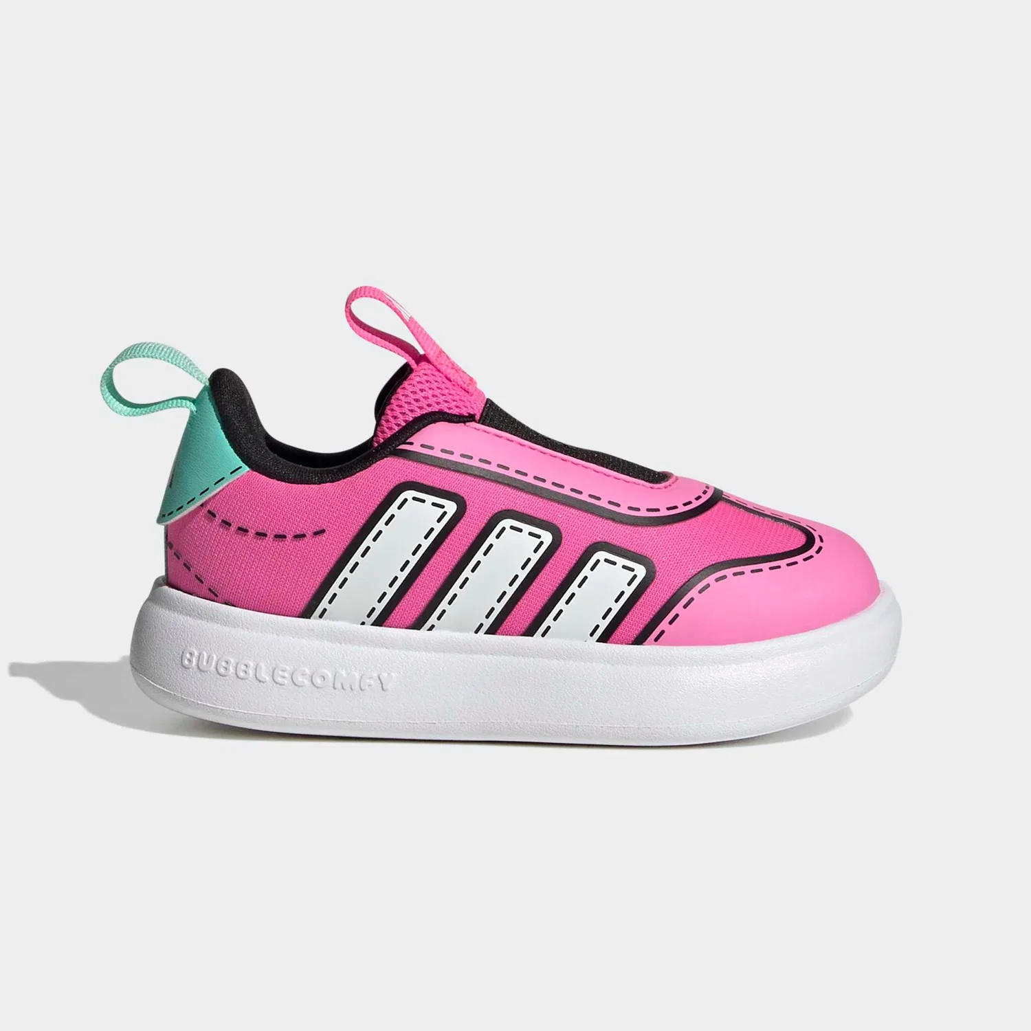 Детские слипоны с комикс-графикой Bubblecomfy Adidas Sportswear, Lucid Pink/Ftwr White/Flash Aqua — фото 2