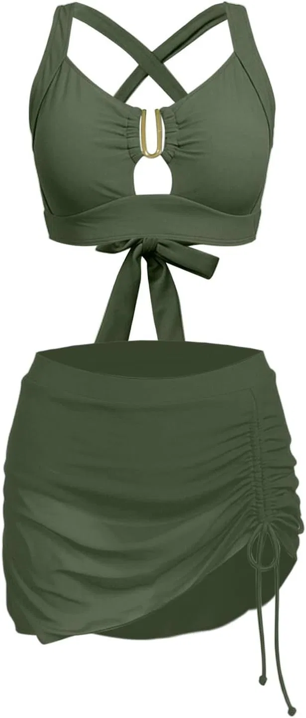 Женский бикини-комплект с высокой талией и сетчатой юбкой, Army Green — фото 4