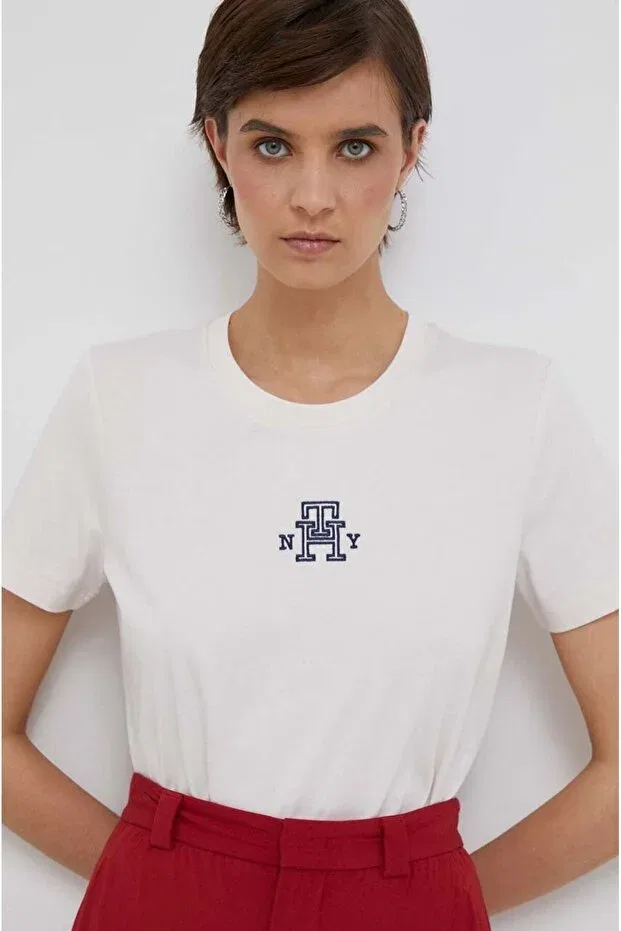 Женская футболка с вышивкой Varsity logo t-shirt Tommy Hilfiger, Ecru