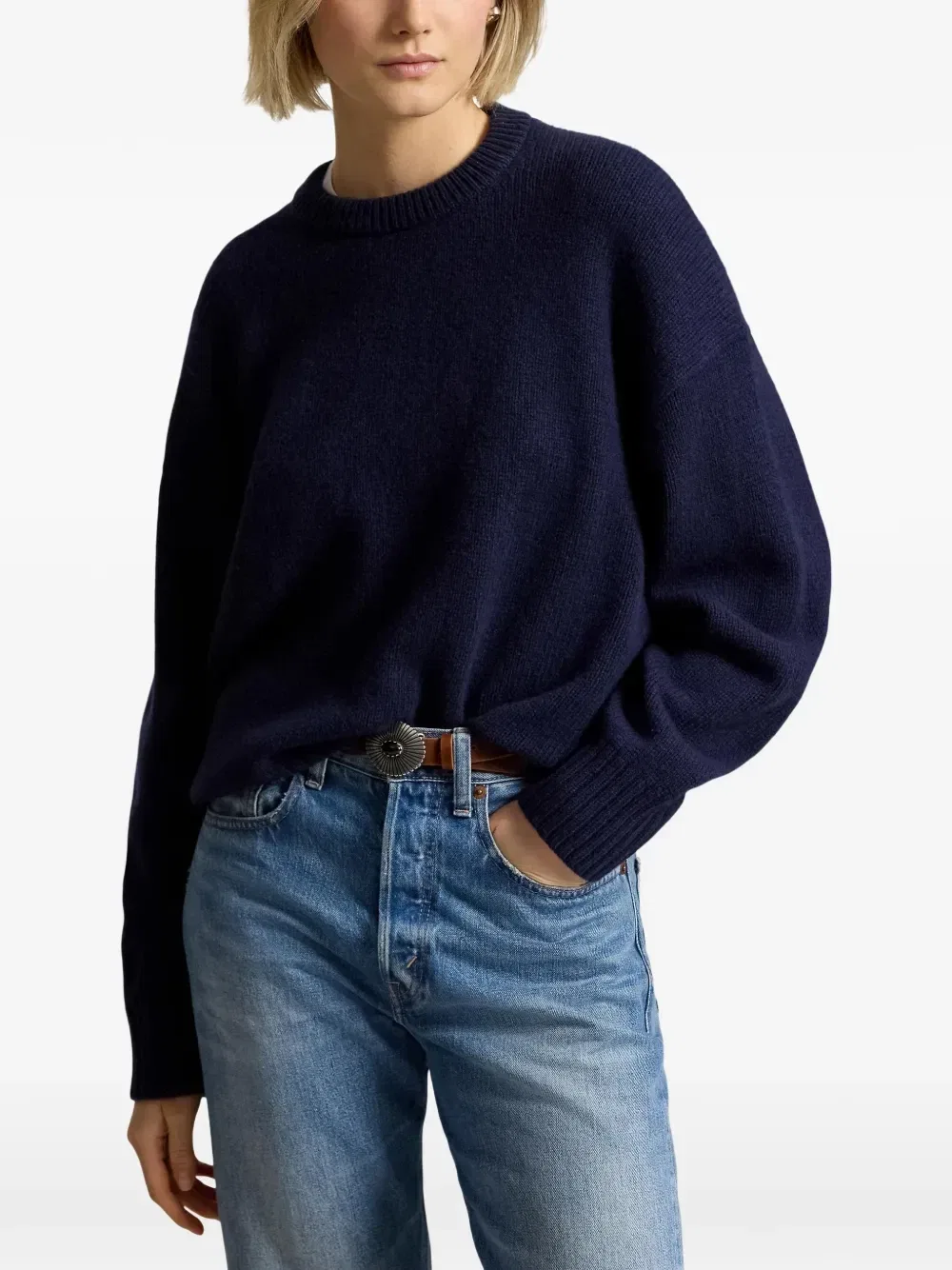 Шерстяной свитер с отделкой в рубчик Polo Ralph Lauren, синий — фото 3