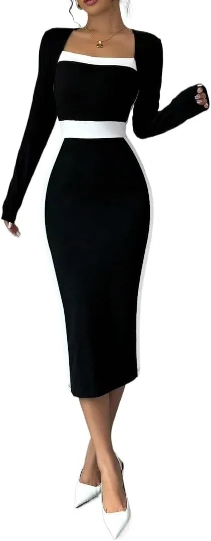 Женское длинное платье с квадратным вырезом Bodycon, Black/White