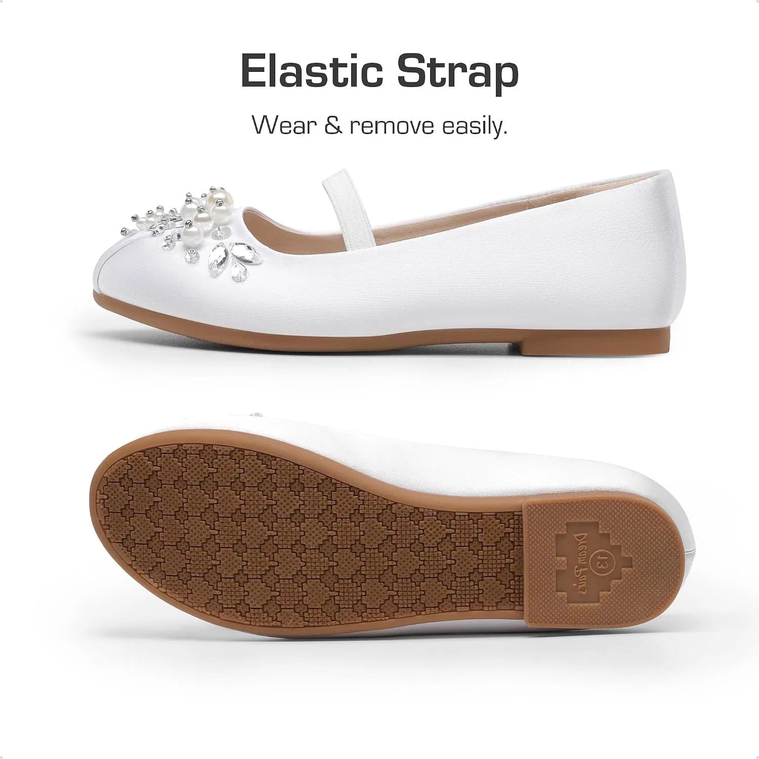 Детские балетки для девочек с цветочным принтом Mary Jane DREAM PAIRS, White/Satin — фото 2