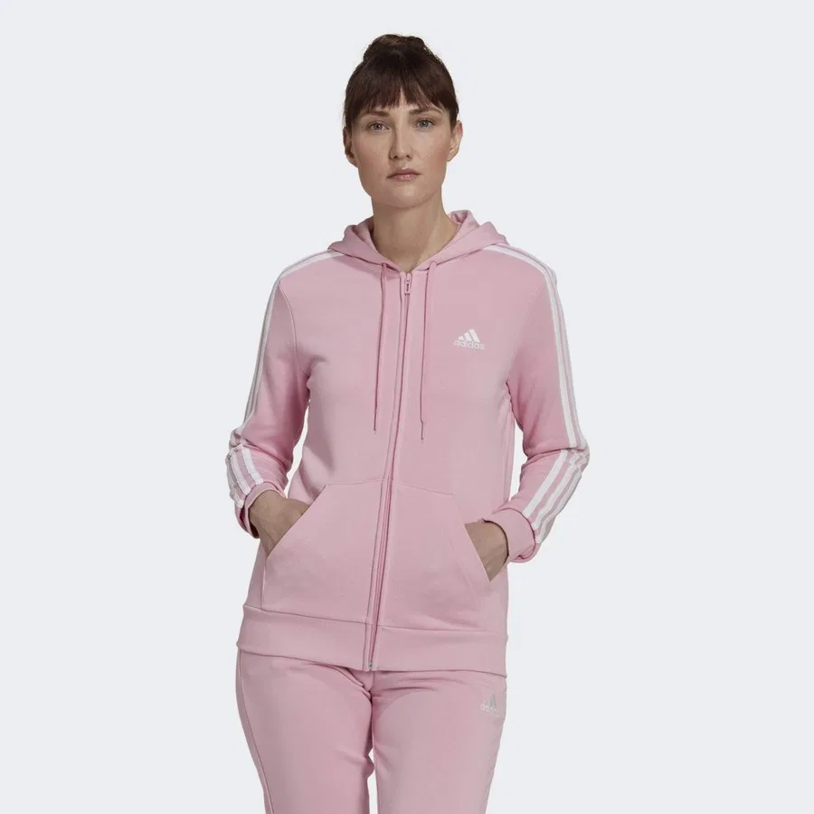 Худи с капюшоном на молнии Essentials French Terry 3-Stripes adidas, Розово-белый