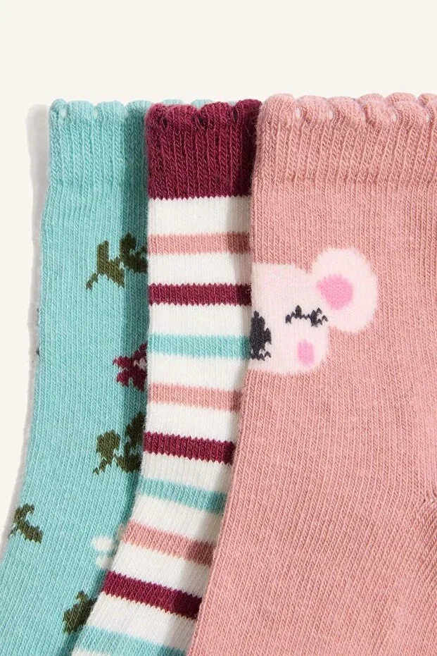 Детские носки для девочек хлопковые с принтом 3-Piece Cotton Long Socks Defacto, Multicolor Kr1 — фото 3