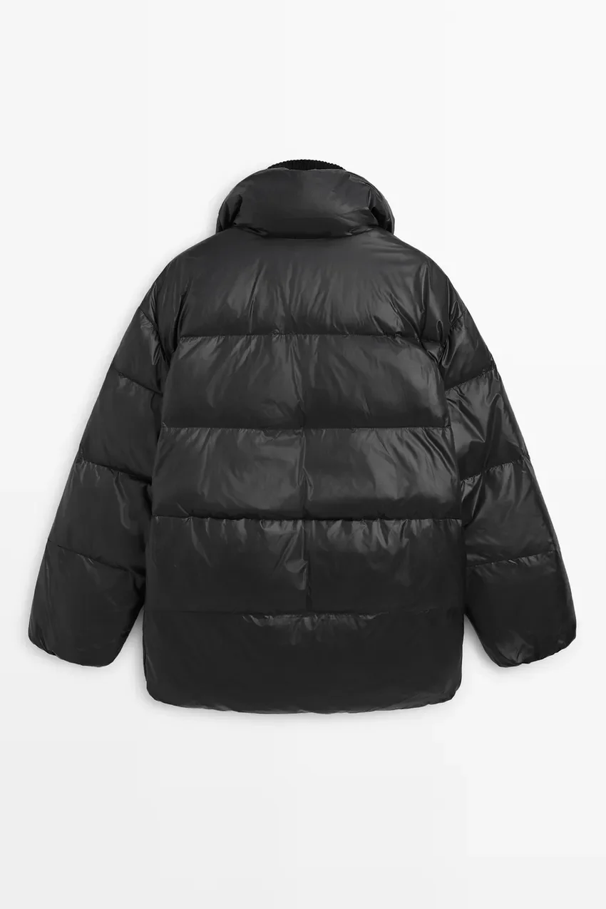 Пуховик Massimo Dutti Suede Puffer Jacket Down Jacket, High Neck, черный — фото 3