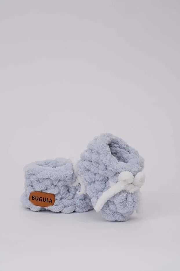 Детские пинетки для новорожденных с принтом Newborn baby panduf 0-3m white with bow gray blue boy mevlüt gift knitted Bugula, Gray Blue - White