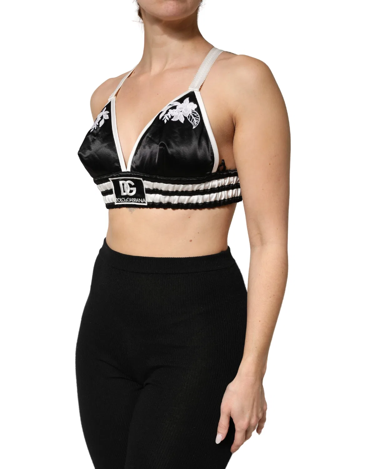Женский топ-бралетт с цветочной вышивкой Black Floral Silk Satin Crop Logo Dolce & Gabbana, Black/White — фото 3