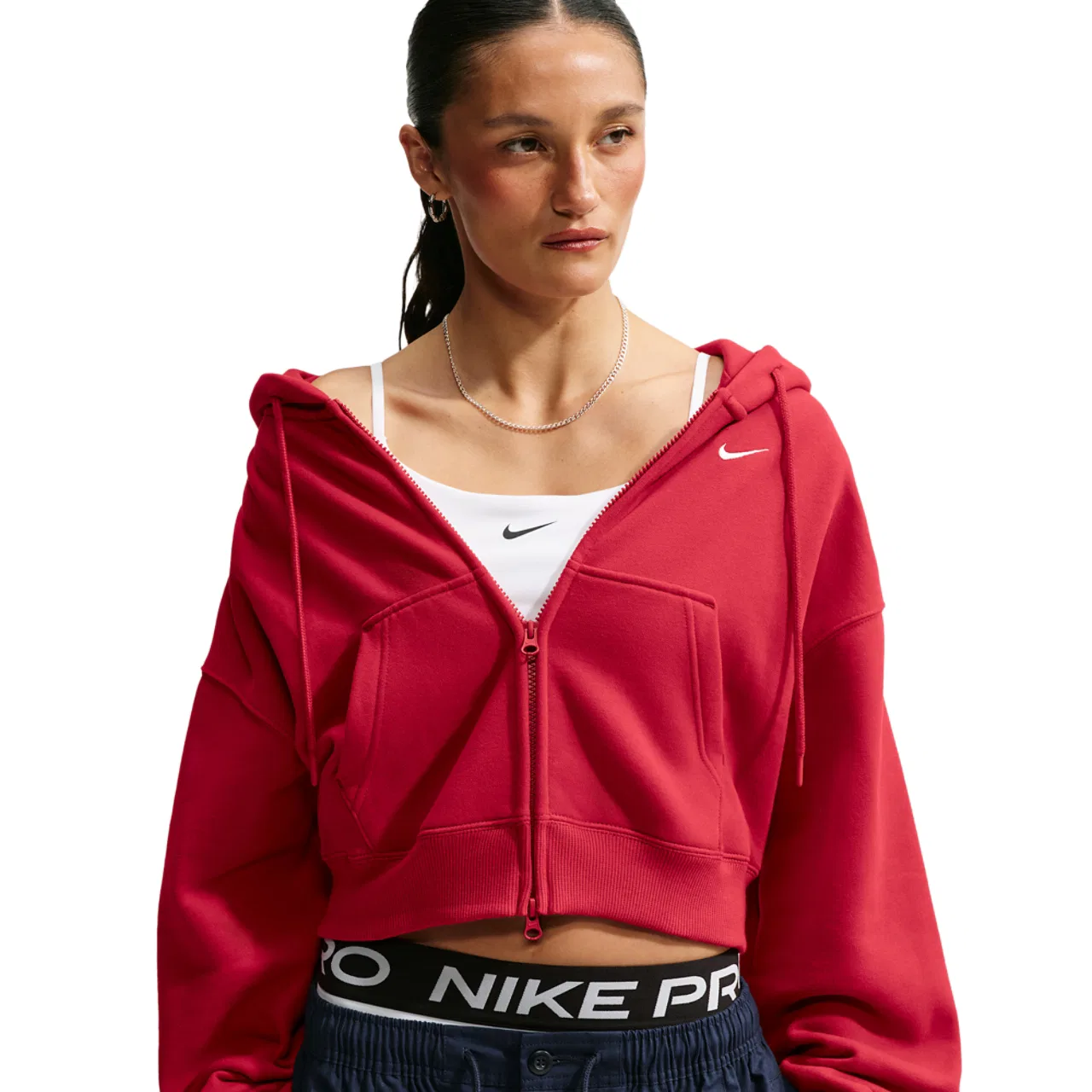 Женский укороченный худи с молнией Studio Fleece Nike, Tough Red/Sail