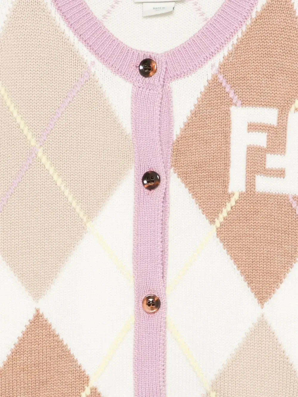 Кардиган с ромбовидным узором и логотипом FF Fendi Kids, бежевый — фото 3