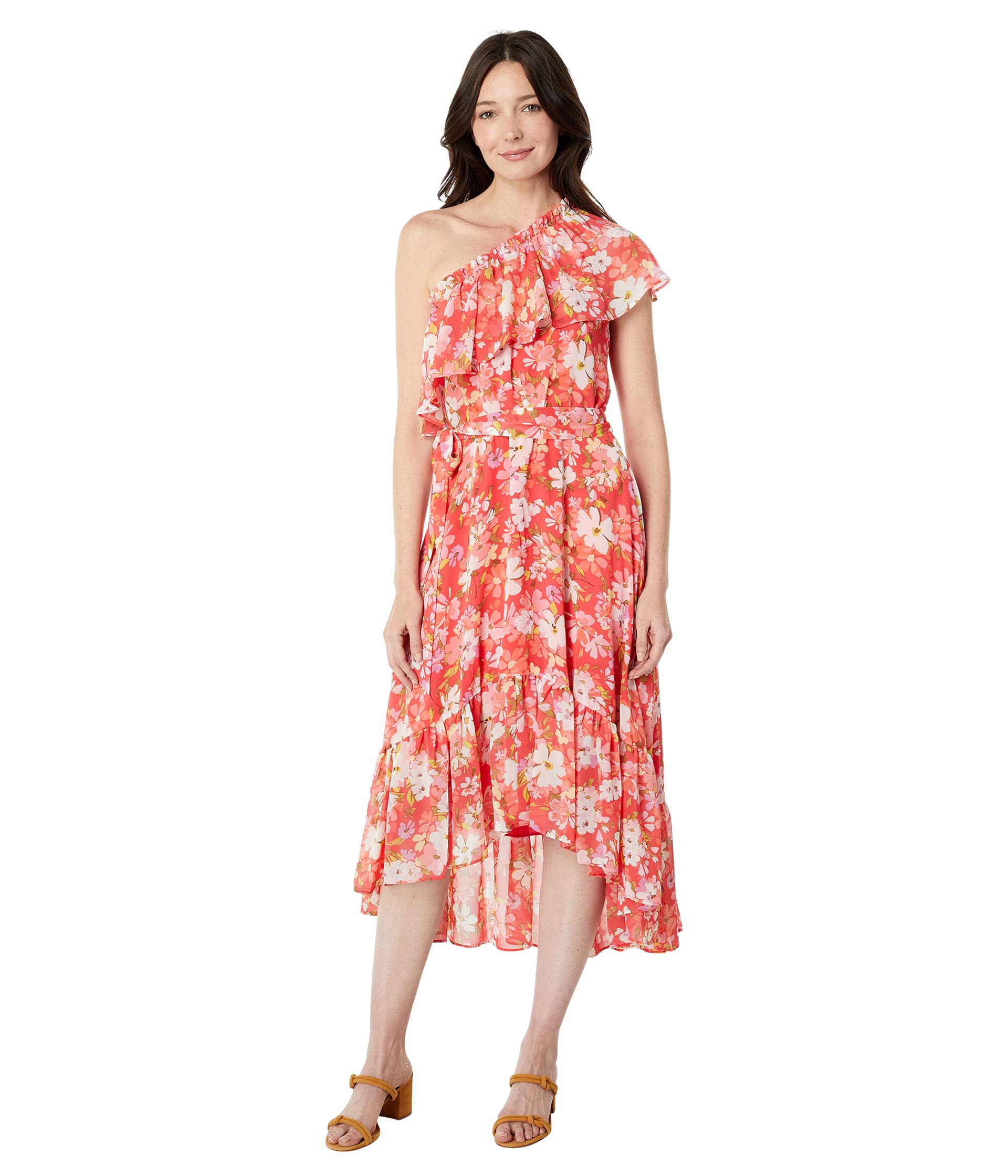 

Платье Vince Camuto, Chiffon Ruffle One Shoulder High-Low Midi