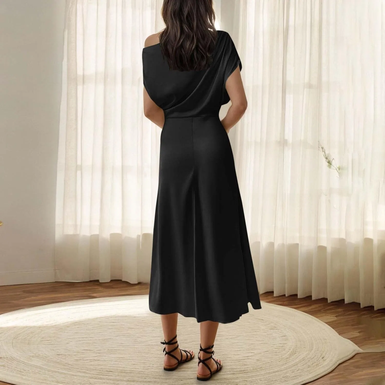 Женское сатиновое платье-макси с одним плечом Bodycon, Black — фото 3