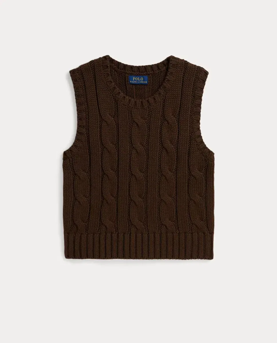 Детский вязаный жилет для девочек с широким арановым узором Polo Ralph Lauren, Marrón Oscuro — фото 4