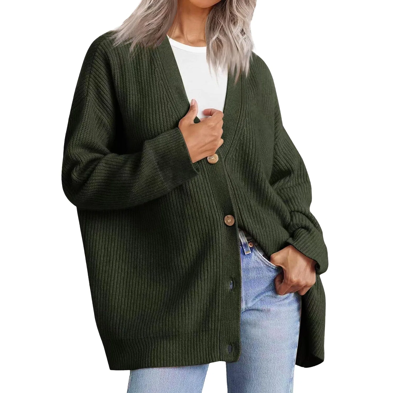 Женский кардиган с V-образным вырезом и длинным рукавом, Army Green