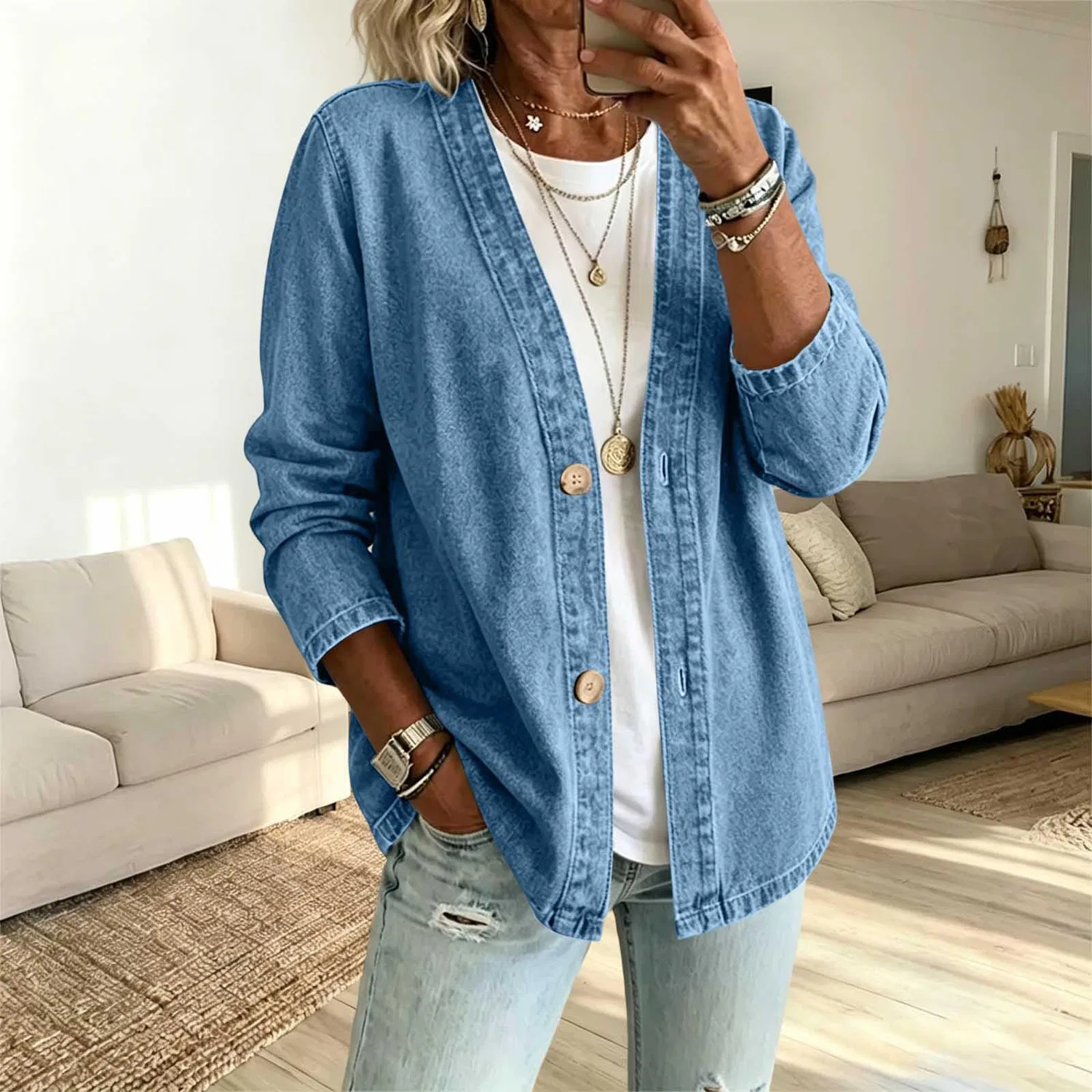Женская джинсовая куртка с длинным рукавом, модель boyfriend, на пуговицах, vintage, Blu 1 — фото 3
