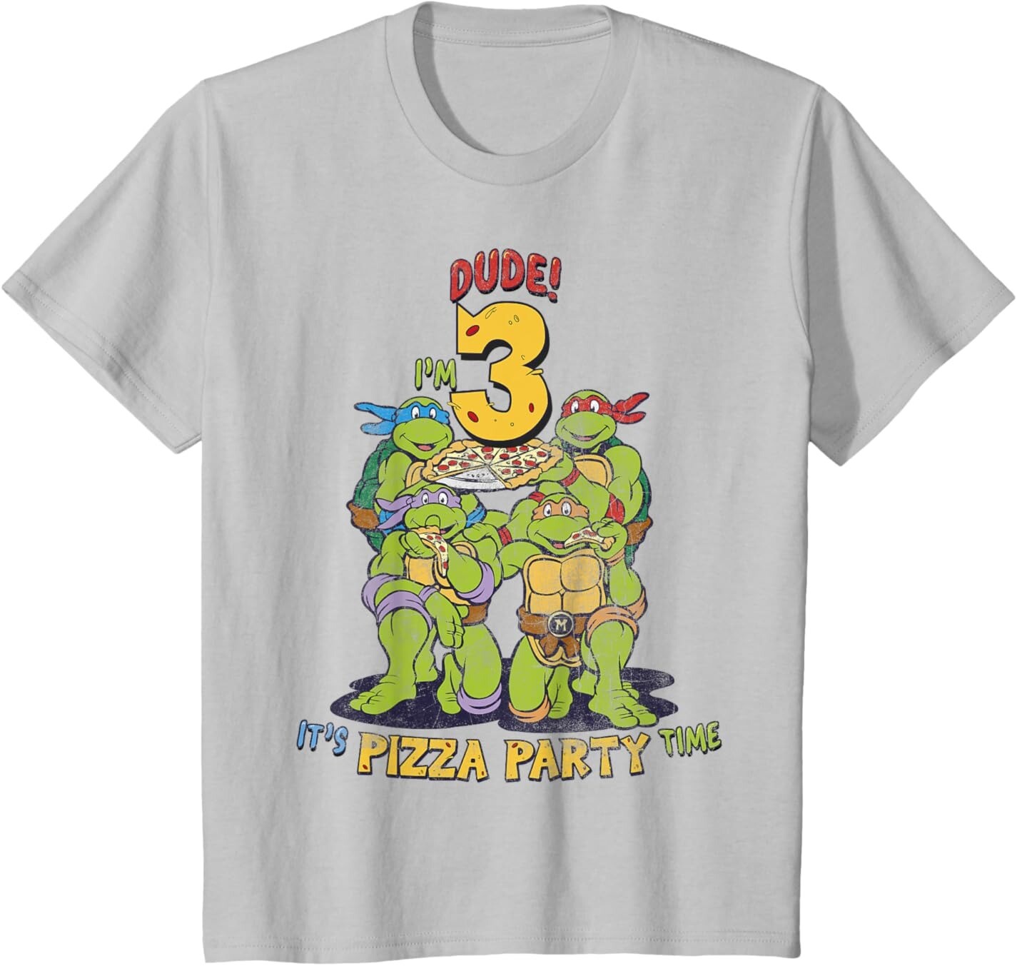 

Футболка для подростков Teenage Mutant Ninja Turtles I'm 3 Dude Pizza Birthday Party, серебристо-серый
