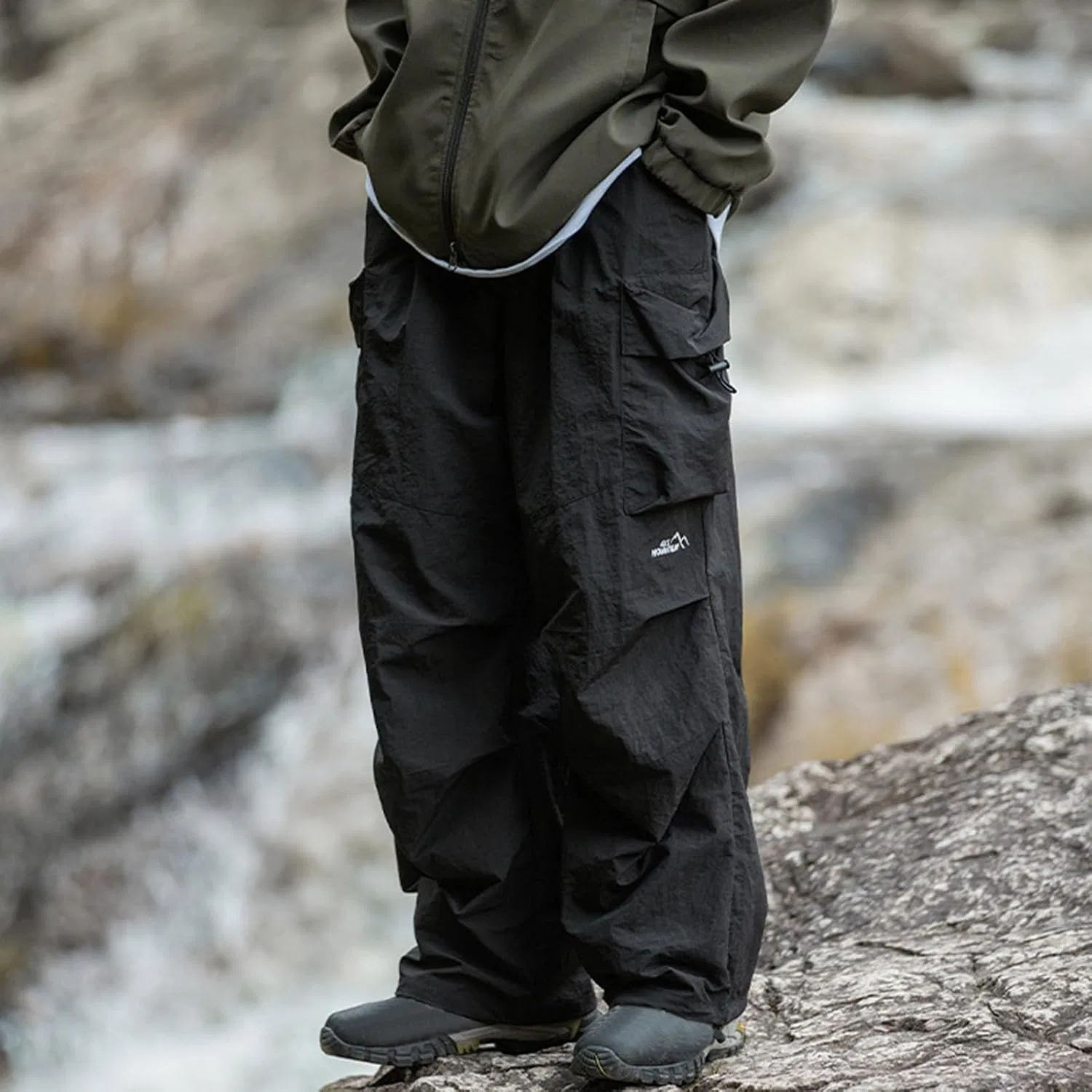 Мужские карго-брюки свободного кроя с эластичным поясом, Y2k Parachute Pants, чёрный — фото 4