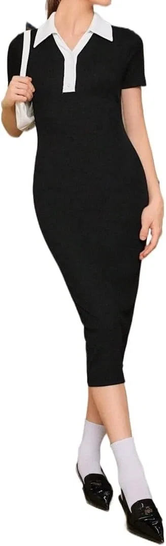 Женское цветовое блокированное миди-платье Bodycon Cocktail Dress, Black/White — фото 2