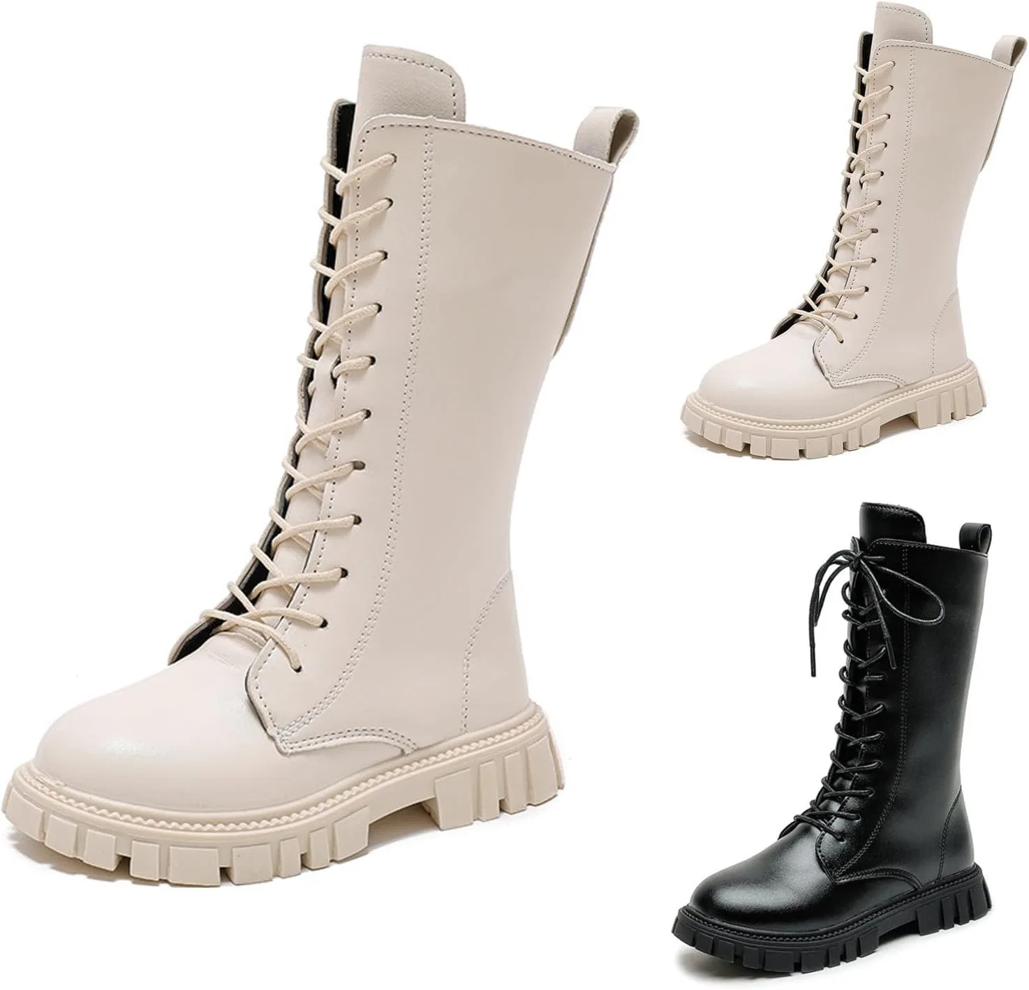 Детские ботинки на шнуровке с молнией Leather Spring Fall Lug Sole Punk Outdoor для девочек, White — фото 2