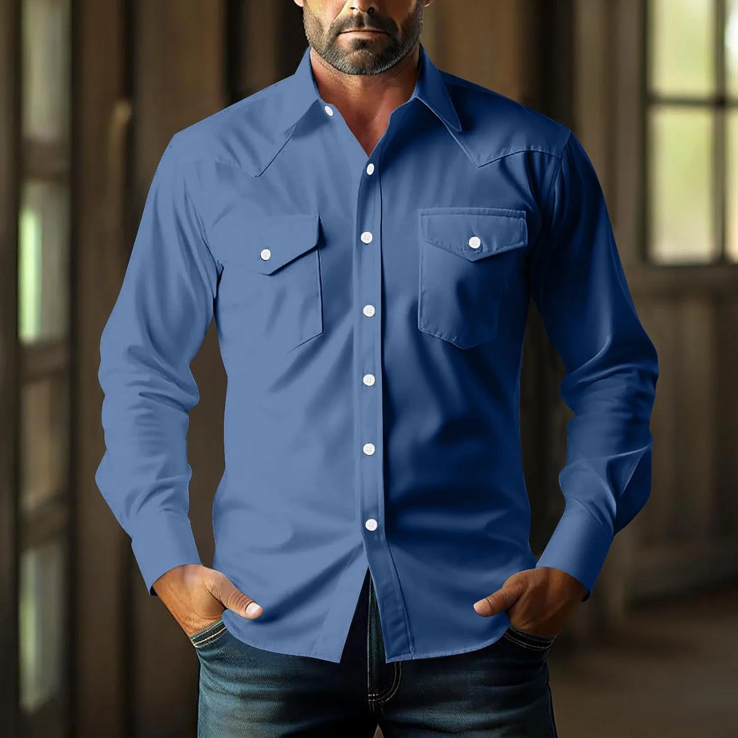Мужская рубашка с длинным рукавом, классическая, Western Cowboy Shirts, синий — фото 3