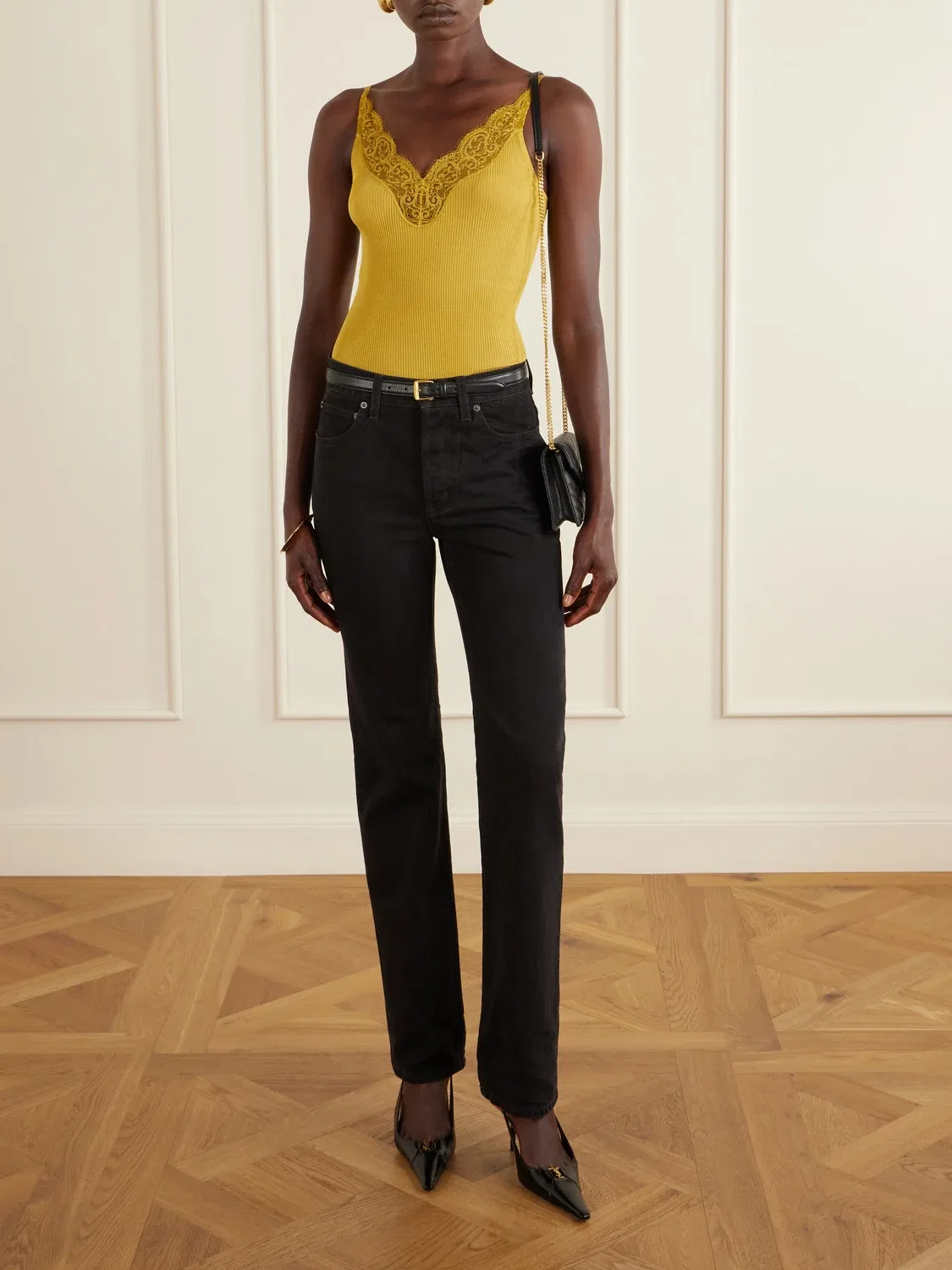 Топ из шЕлкового джерси в рубчик, отделанный кружевом SAINT LAURENT, желтый — фото 2