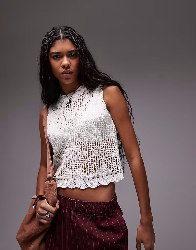 

Вязаный топ Topshop с фестончатым краем, цвет слоновой кости