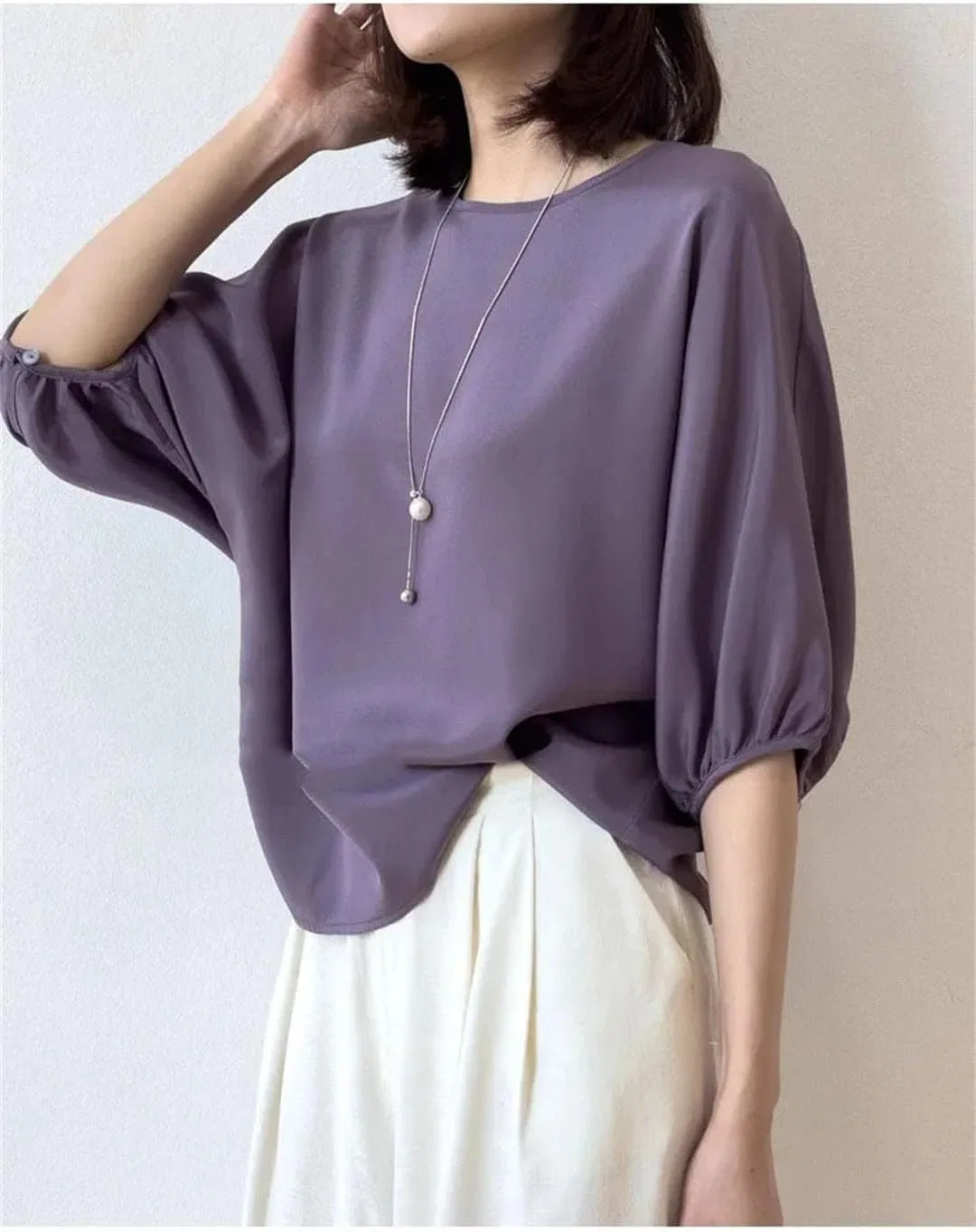 Женская футболка с летучей мышью рукавом из сатина, Gray9 Purple — фото 3
