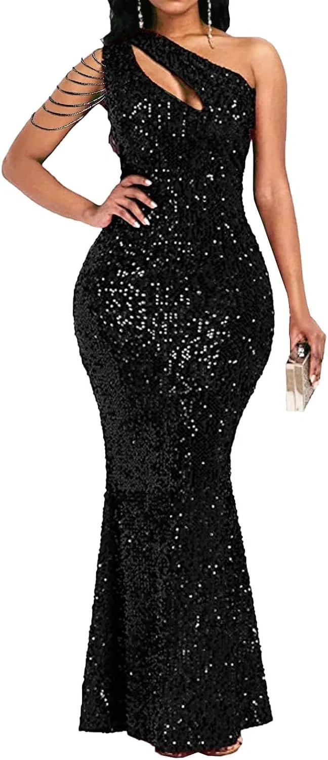 Женское платье вечернее с пайетками на одно плечо, русалка, Formal Dress for Women Sequin One Shoulder, чёрный
