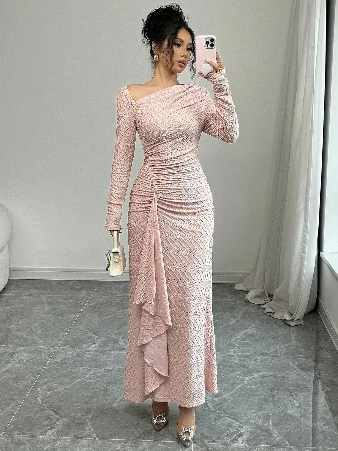 Женское элегантное платье с асимметричным воротником, Pink — фото 2