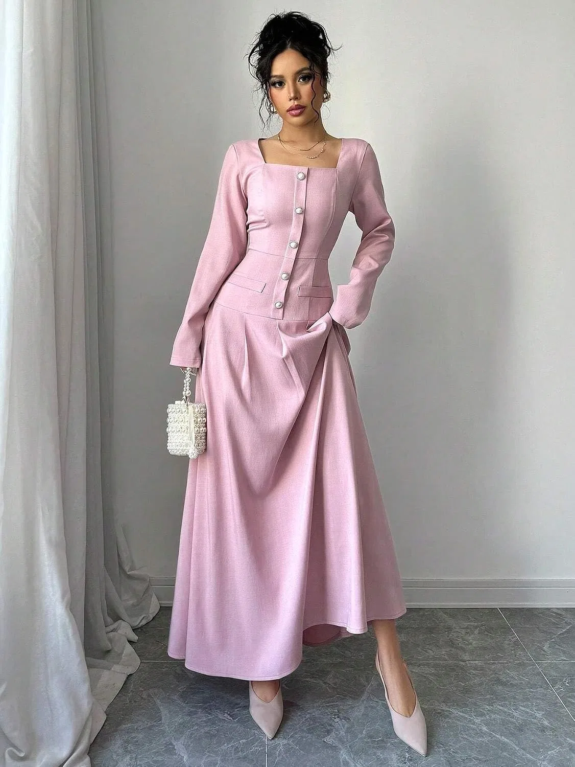 Женское длинное платье с квадратным вырезом, Pink — фото 4