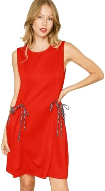 Женское платье-безрукавка с карманами Round Neck Sleeveless Tank Dress, Red