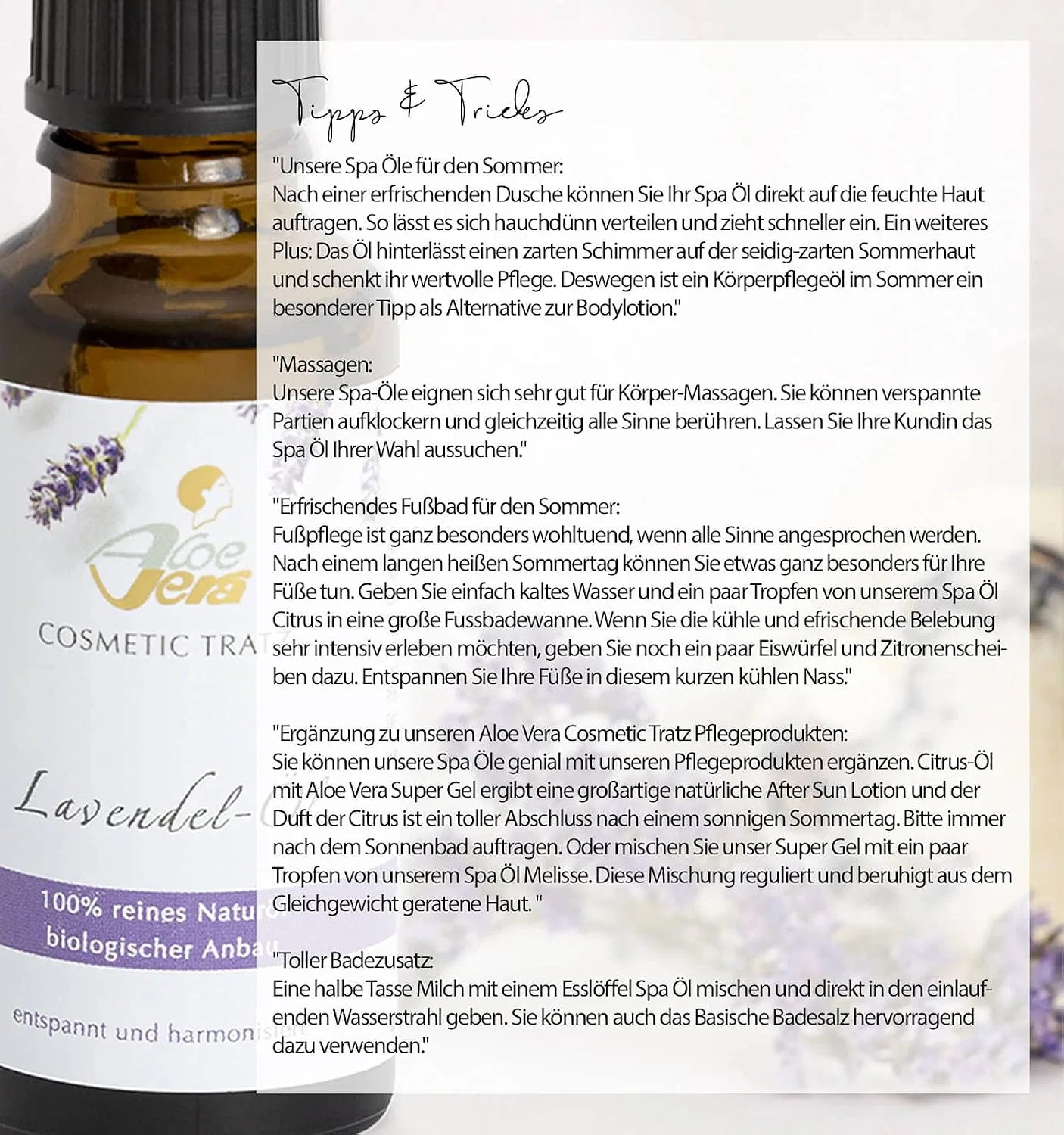Масло для тела Лавандовое, Aloe Vera WIRKSTOFFCOSMETIC TRATZ, 100 мл Aloe Vera Wirkstoffcosmetic Tratz Kosmetik Mit Persönlichkeit Natürlich Mit Stil — фото 3