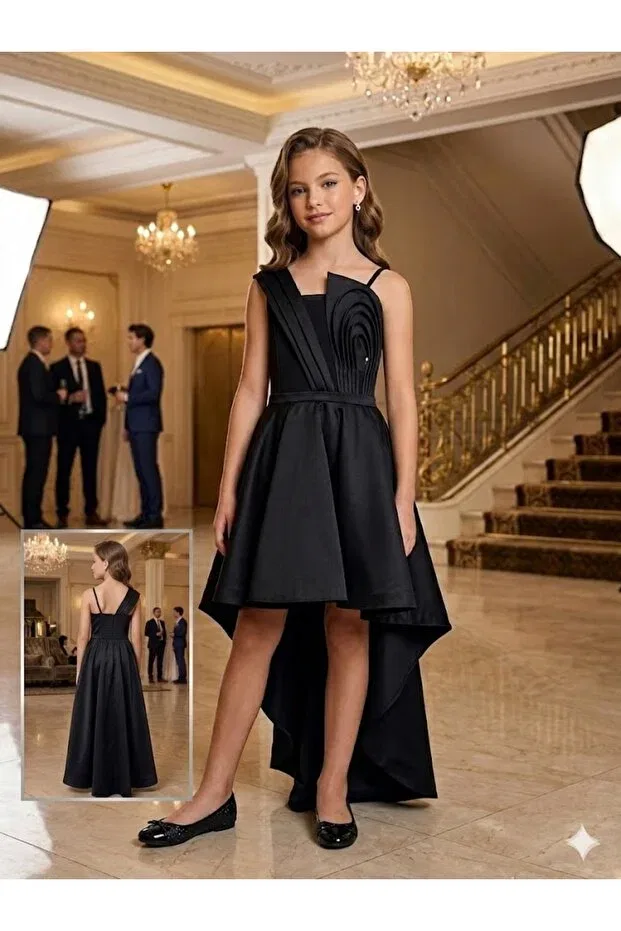 Детское платье для девочек с принтом 3D Spiral Appliqué Detailed Tailed Erkut, Black