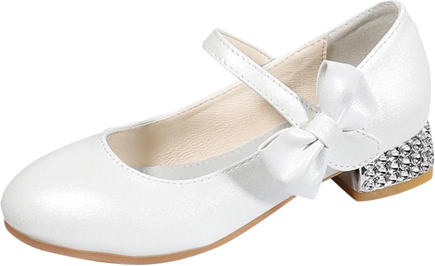 Детские туфли для девочек с бантом Mary Jane Flat Princess Wedding Party Bowknot Child Little/Big Kids School Low Heel Rhinestone Egmy, White