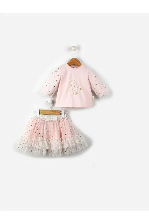 Детский комплект из тюля и гребенной хлопковой юбки с принтом Butik, Pink — фото 2