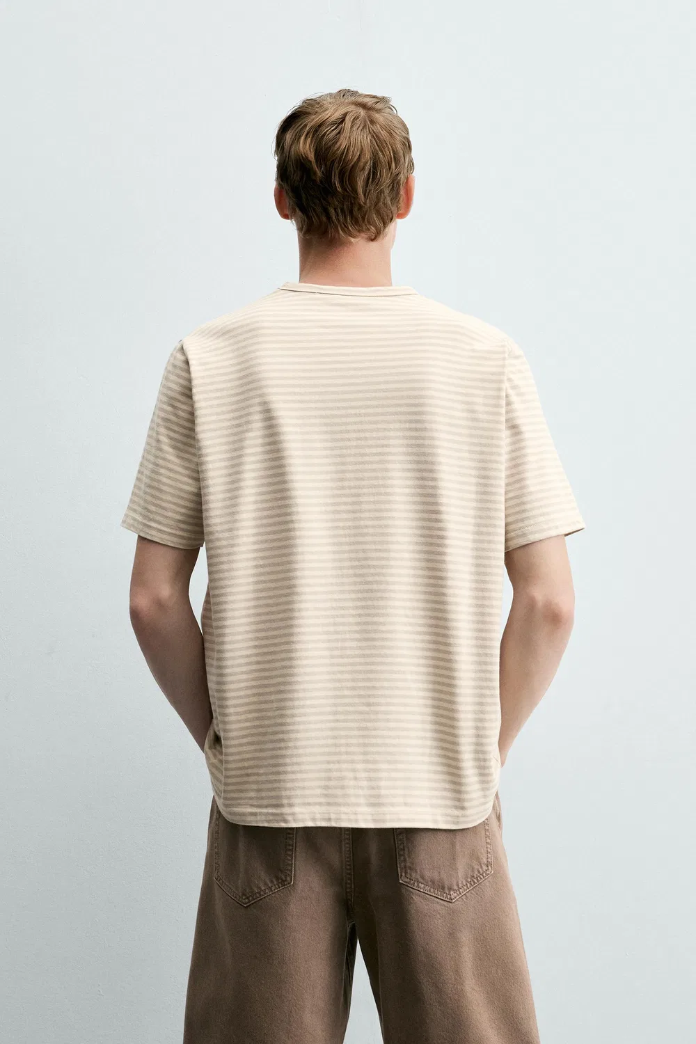 Полосатая жаккардовая футболка с карманом ZARA, Grey/Natural — фото 3